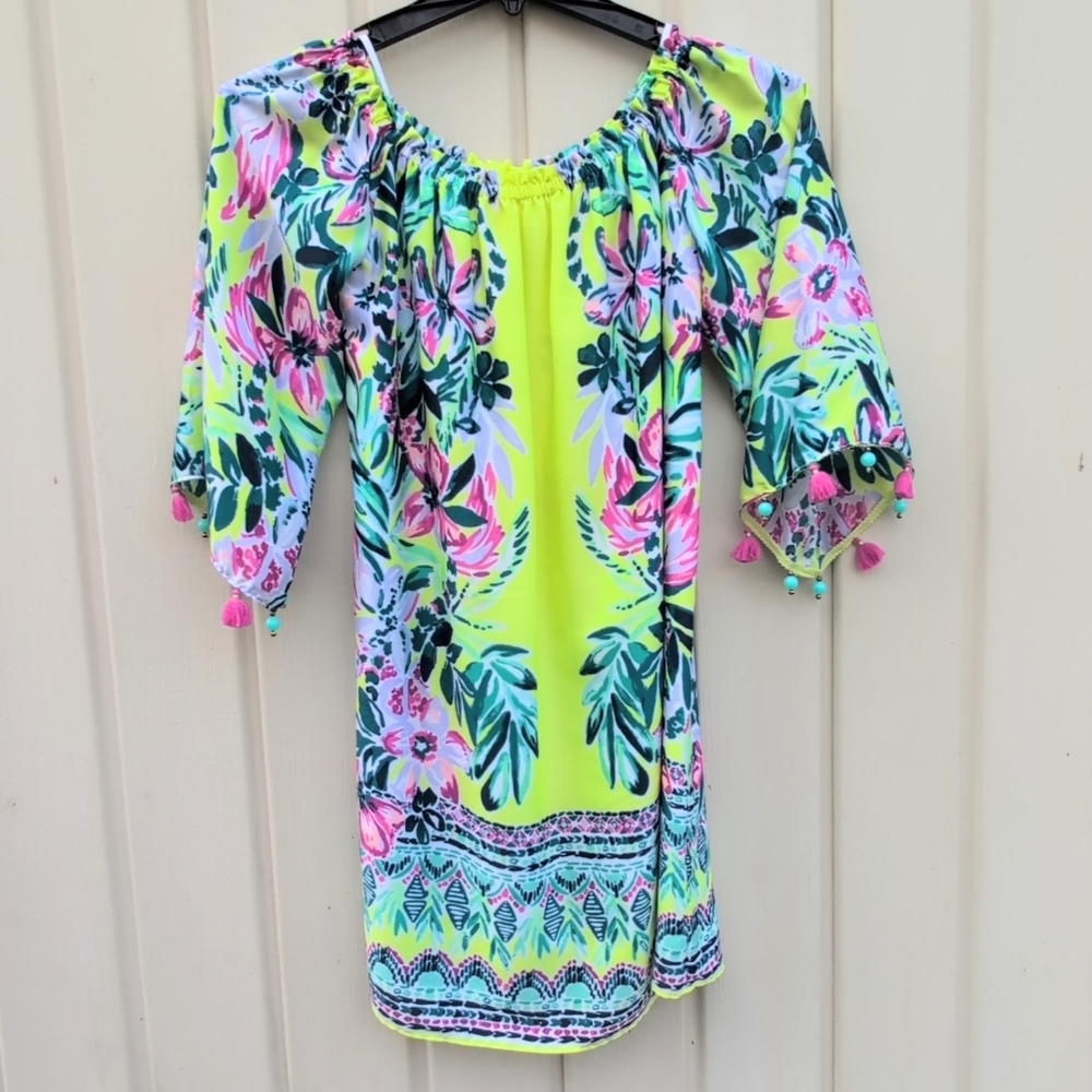 Lilly Pulitzer Dress Womens Small Payge Off Shoulder Bauble Yellow Lemur Alone